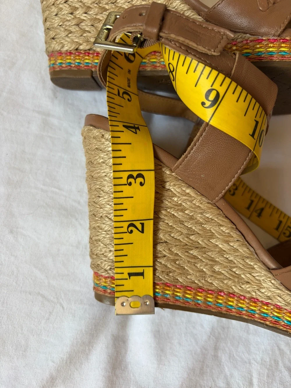Jack Rogers Tan Leather Espadrille Wedge Heel 4” Sandals w Multicolor Trim 7.5